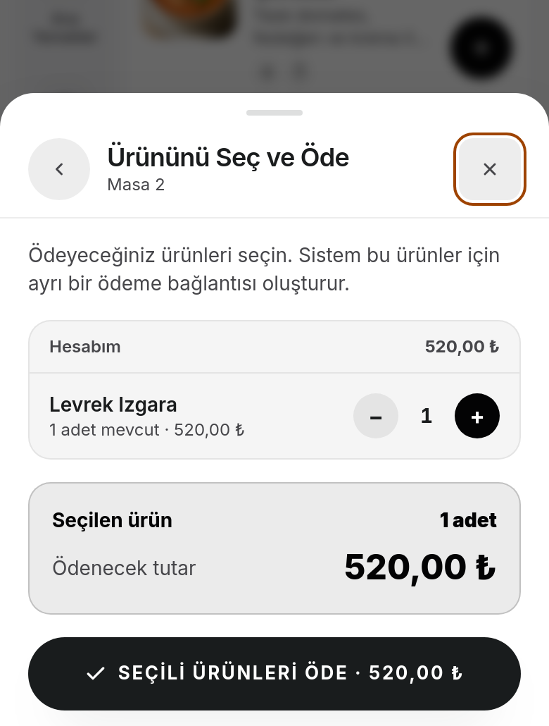Masada Ürün Seçerek Ödeme Ekranı