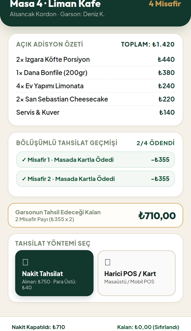 Garson Terminalinde Nakit ve Harici POS ile Hesap Kapatma